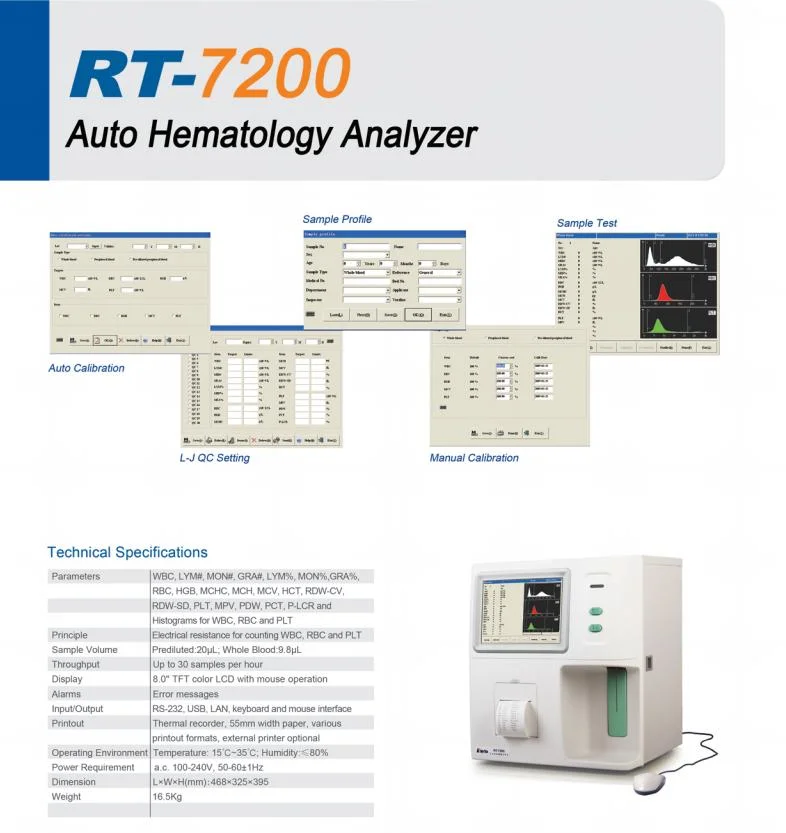 Rt-7200 Rayto Hämatologie-Analysator Cbc-Blutprobe-Maschinen-Hämatologie-Analysator
